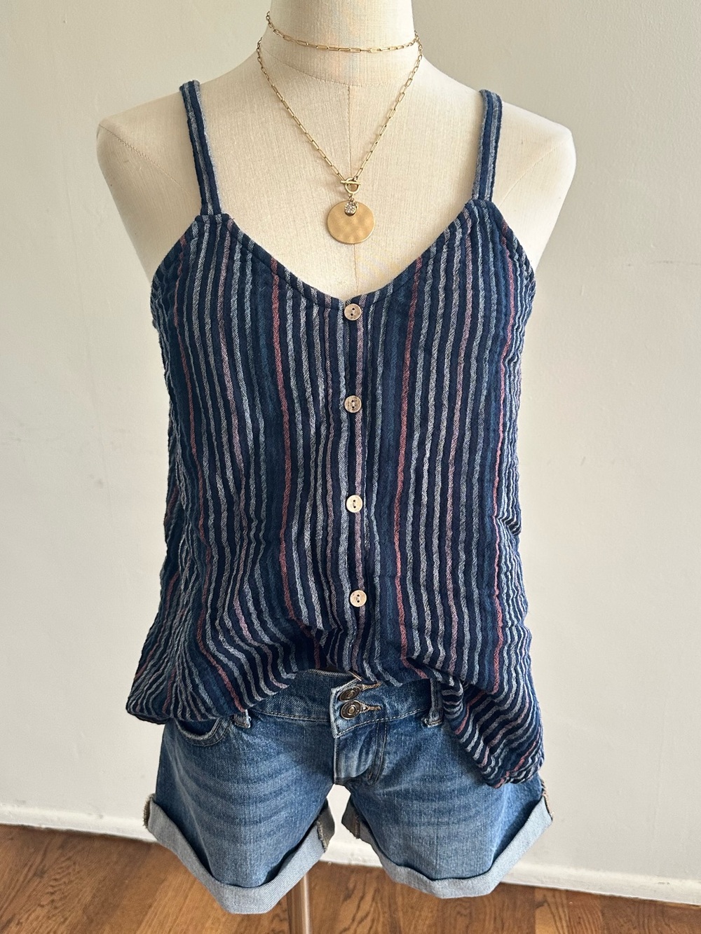 Sonoma Navy Striped Gauze Button Front Cami Tank | Medium